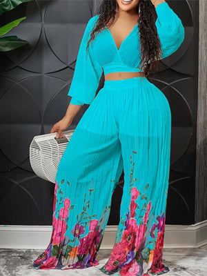 Women Print Pleated Wide Leg Pants 2 Piece Sets Solid V-neck Long Sleeves Crop Tops Suits Summer female Floral Vacation Outfits | 0 | TageUnlimited