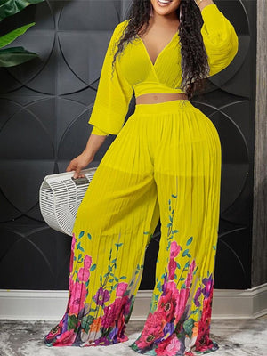 Women Print Pleated Wide Leg Pants 2 Piece Sets Solid V-neck Long Sleeves Crop Tops Suits Summer female Floral Vacation Outfits | 0 | TageUnlimited