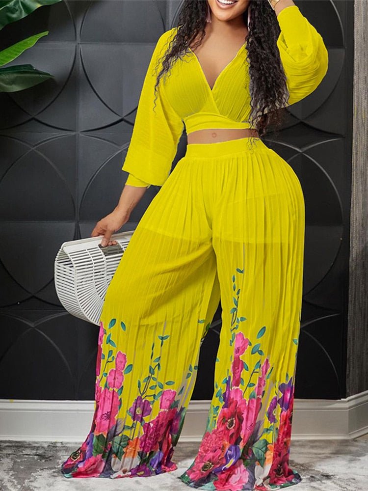 Women Print Pleated Wide Leg Pants 2 Piece Sets Solid V-neck Long Sleeves Crop Tops Suits Summer female Floral Vacation Outfits | 0 | TageUnlimited