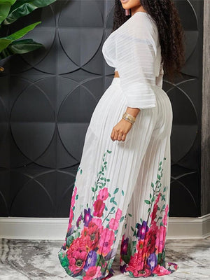 Women Print Pleated Wide Leg Pants 2 Piece Sets Solid V-neck Long Sleeves Crop Tops Suits Summer female Floral Vacation Outfits | 0 | TageUnlimited