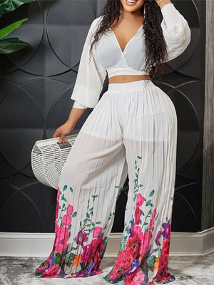 Women Print Pleated Wide Leg Pants 2 Piece Sets Solid V-neck Long Sleeves Crop Tops Suits Summer female Floral Vacation Outfits | 0 | TageUnlimited