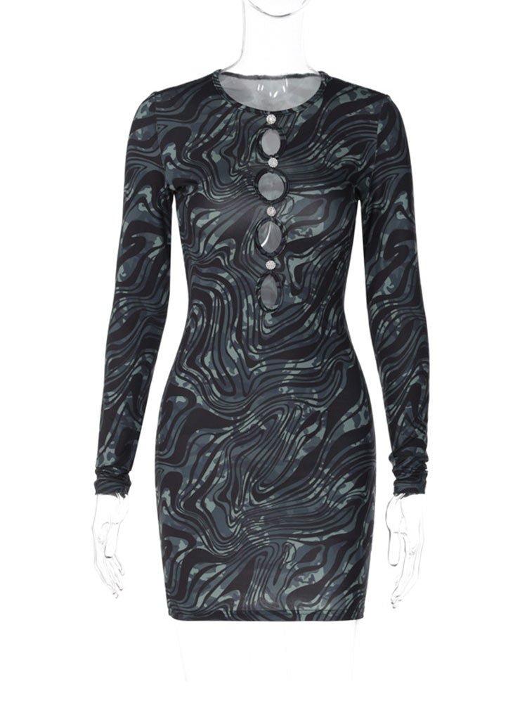 Women Printed Gorgeous Hollow Out Dresses Female Sexy Long Sleeve Round Neck Skinny Mini Dress Spring Night Club Clothes | 0 | TageUnlimited