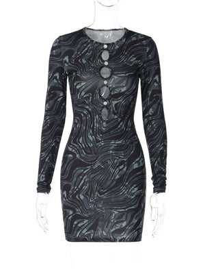 Women Printed Gorgeous Hollow Out Dresses Female Sexy Long Sleeve Round Neck Skinny Mini Dress Spring Night Club Clothes | 0 | TageUnlimited