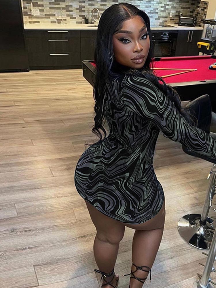 Women Printed Gorgeous Hollow Out Dresses Female Sexy Long Sleeve Round Neck Skinny Mini Dress Spring Night Club Clothes | 0 | TageUnlimited