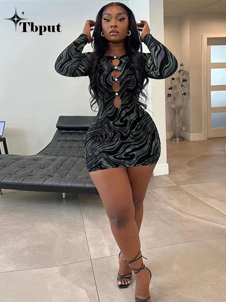 Women Printed Gorgeous Hollow Out Dresses Female Sexy Long Sleeve Round Neck Skinny Mini Dress Spring Night Club Clothes | 0 | TageUnlimited