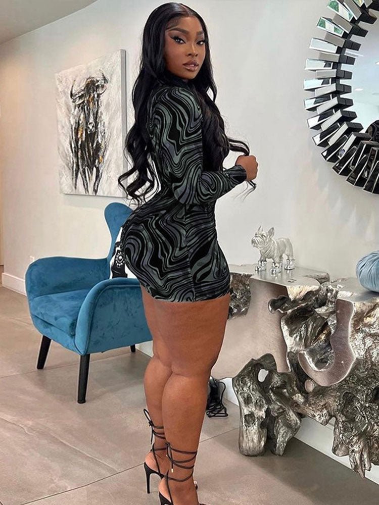 Women Printed Gorgeous Hollow Out Dresses Female Sexy Long Sleeve Round Neck Skinny Mini Dress Spring Night Club Clothes | 0 | TageUnlimited
