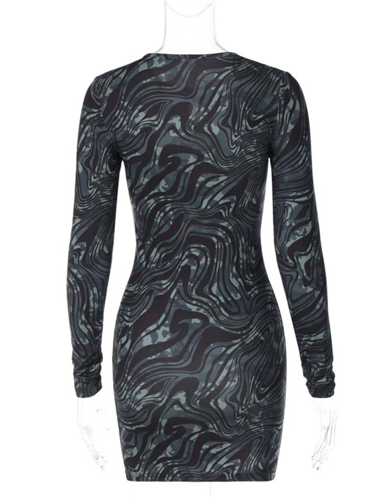Women Printed Gorgeous Hollow Out Dresses Female Sexy Long Sleeve Round Neck Skinny Mini Dress Spring Night Club Clothes | 0 | TageUnlimited