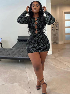 Women Printed Gorgeous Hollow Out Dresses Female Sexy Long Sleeve Round Neck Skinny Mini Dress Spring Night Club Clothes | 0 | TageUnlimited
