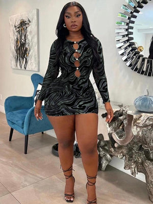 Women Printed Gorgeous Hollow Out Dresses Female Sexy Long Sleeve Round Neck Skinny Mini Dress Spring Night Club Clothes | 0 | TageUnlimited