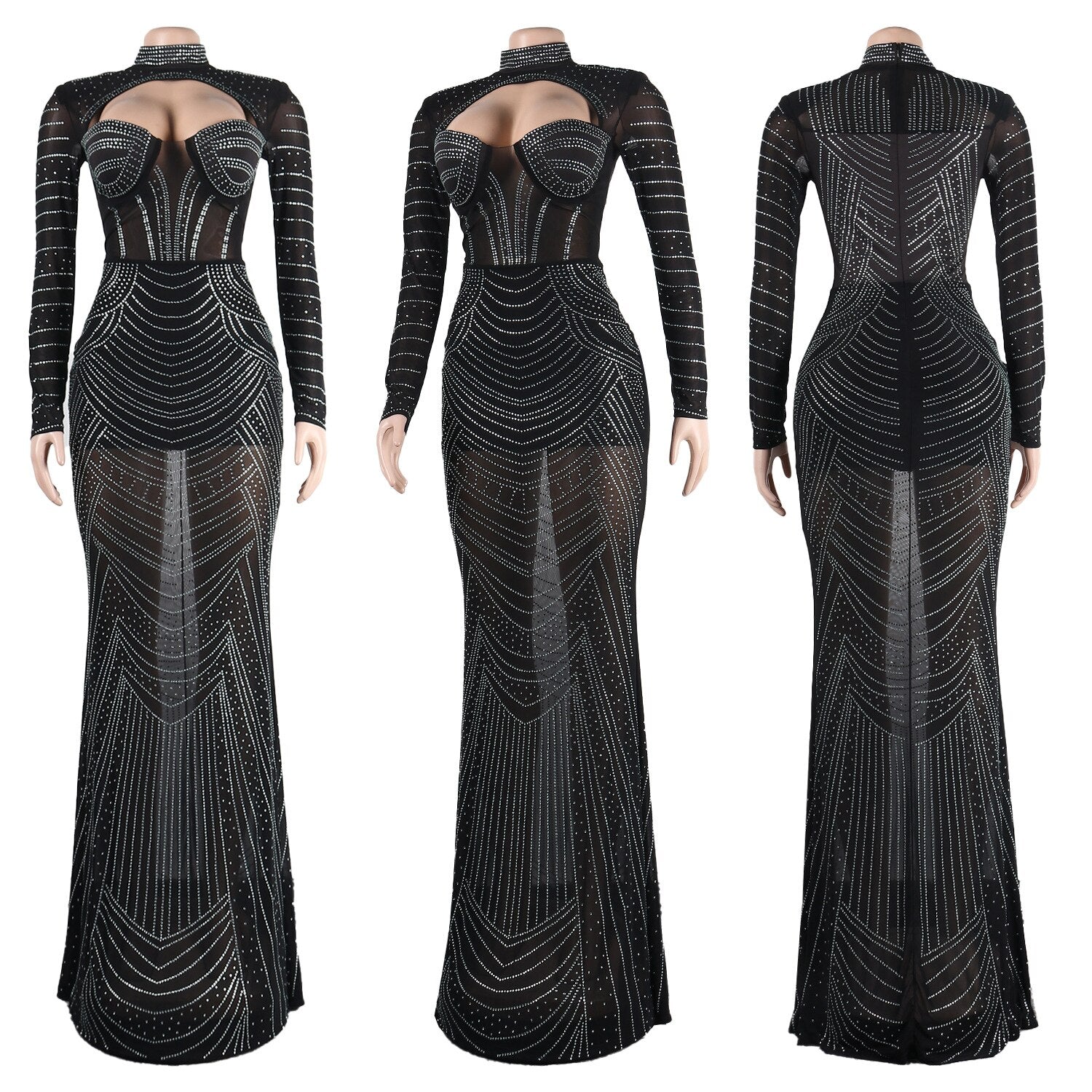 Women Refined Diamond Deep V-Neck Evening Prom Long Dress Lady Sexy See Through Party Club Dresses New Year Spring Frock | 0 | TageUnlimited