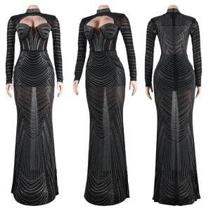 Women Refined Diamond Deep V-Neck Evening Prom Long Dress Lady Sexy See Through Party Club Dresses New Year Spring Frock | 0 | TageUnlimited
