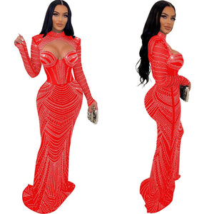 Women Refined Diamond Deep V-Neck Evening Prom Long Dress Lady Sexy See Through Party Club Dresses New Year Spring Frock | 0 | TageUnlimited