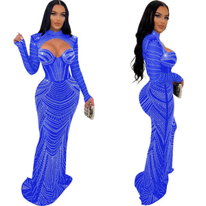 Women Refined Diamond Deep V-Neck Evening Prom Long Dress Lady Sexy See Through Party Club Dresses New Year Spring Frock | 0 | TageUnlimited