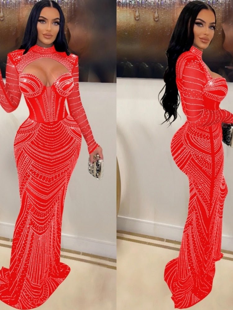 Women Refined Diamond Deep V-Neck Evening Prom Long Dress Lady Sexy See Through Party Club Dresses New Year Spring Frock | 0 | TageUnlimited