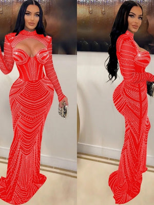 Women Refined Diamond Deep V-Neck Evening Prom Long Dress Lady Sexy See Through Party Club Dresses New Year Spring Frock | 0 | TageUnlimited