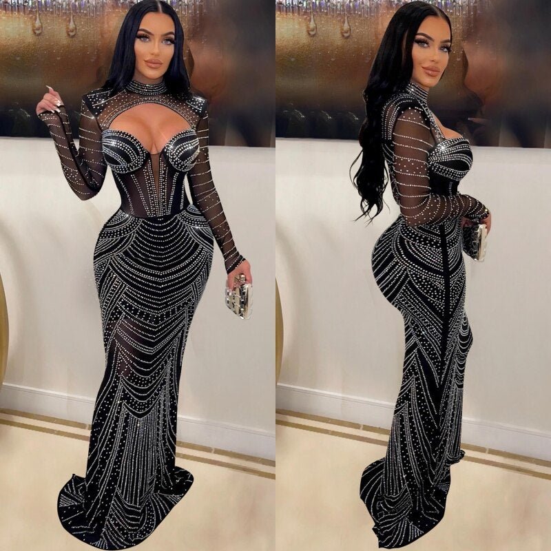 Women Refined Diamond Deep V-Neck Evening Prom Long Dress Lady Sexy See Through Party Club Dresses New Year Spring Frock | 0 | TageUnlimited