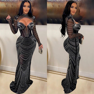 Women Refined Diamond Deep V-Neck Evening Prom Long Dress Lady Sexy See Through Party Club Dresses New Year Spring Frock | 0 | TageUnlimited