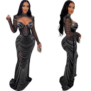 Women Refined Diamond Deep V-Neck Evening Prom Long Dress Lady Sexy See Through Party Club Dresses New Year Spring Frock | 0 | TageUnlimited