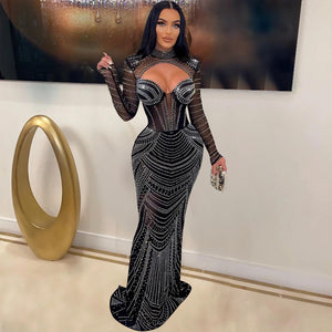 Women Refined Diamond Deep V-Neck Evening Prom Long Dress Lady Sexy See Through Party Club Dresses New Year Spring Frock | 0 | TageUnlimited