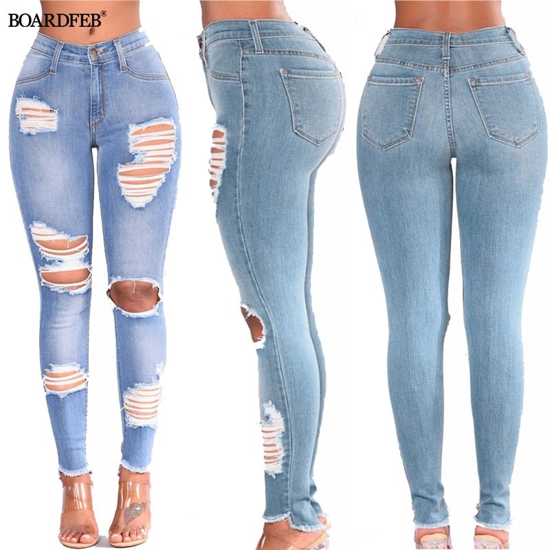Women Ripped Jeans Pants Y2K Stretch Skinny Hole Denim Pencil Pants Slim Fit Casual High Waist Female Distressed Jeans Trousers | 0 | TageUnlimited