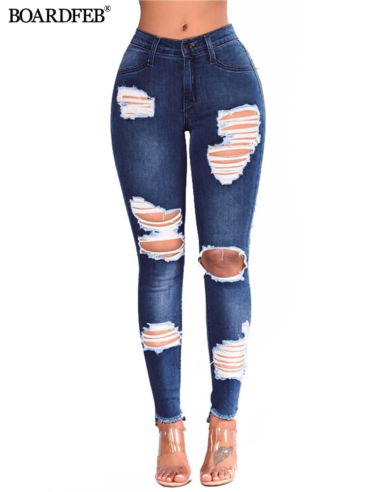 Women Ripped Jeans Pants Y2K Stretch Skinny Hole Denim Pencil Pants Slim Fit Casual High Waist Female Distressed Jeans Trousers | 0 | TageUnlimited