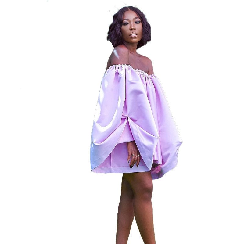 Women Satin Off Shoulder Flare Sleeve Loose Pleated Mini Dress Summer Fashion Birthday Dresses  Sexy Party Evening Dresses | 0 | TageUnlimited