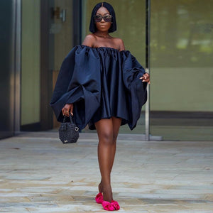 Women Satin Off Shoulder Flare Sleeve Loose Pleated Mini Dress Summer Fashion Birthday Dresses  Sexy Party Evening Dresses | 0 | TageUnlimited