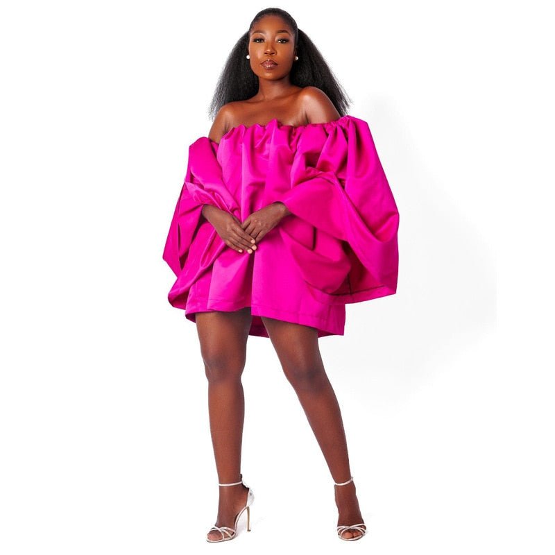 Women Satin Off Shoulder Flare Sleeve Loose Pleated Mini Dress Summer Fashion Birthday Dresses  Sexy Party Evening Dresses | 0 | TageUnlimited