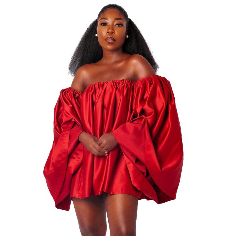 Women Satin Off Shoulder Flare Sleeve Loose Pleated Mini Dress Summer Fashion Birthday Dresses  Sexy Party Evening Dresses | 0 | TageUnlimited