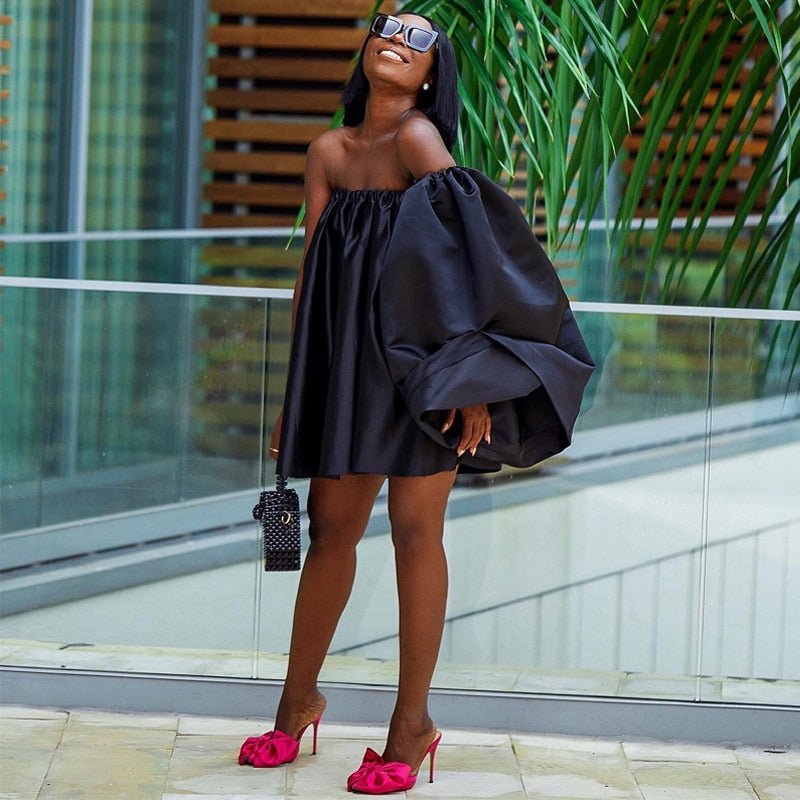 Women Satin Off Shoulder Flare Sleeve Loose Pleated Mini Dress Summer Fashion Birthday Dresses  Sexy Party Evening Dresses | 0 | TageUnlimited