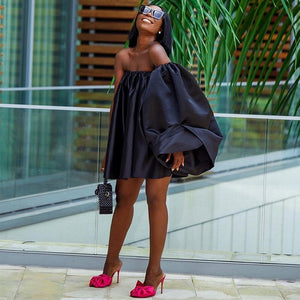 Women Satin Off Shoulder Flare Sleeve Loose Pleated Mini Dress Summer Fashion Birthday Dresses  Sexy Party Evening Dresses | 0 | TageUnlimited