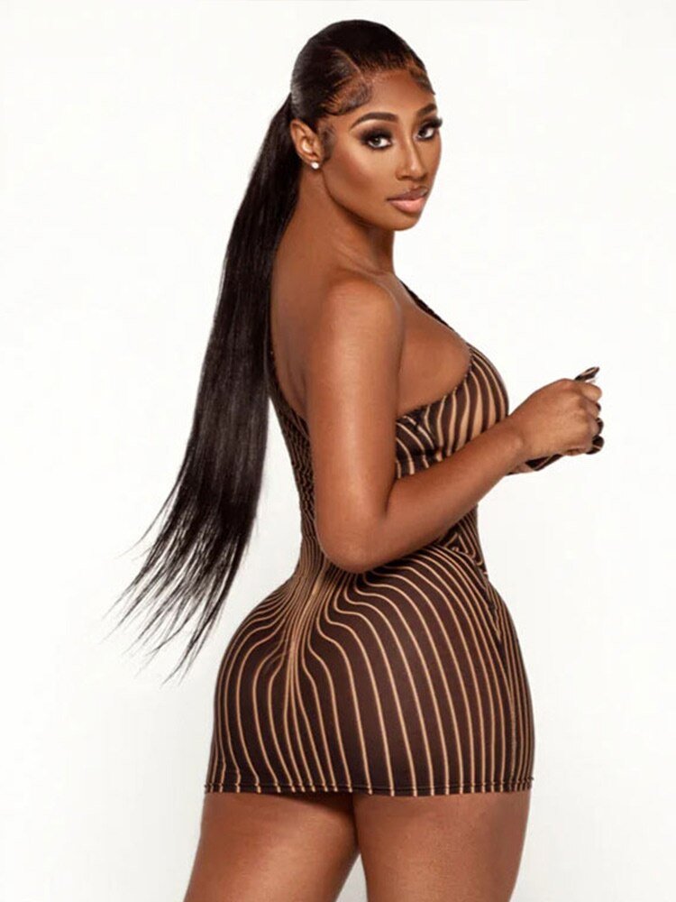 Women See Through Retro Mesh Inclined Shoulder Dress  One-sleeve Striped Club Dress Lady Sexy Body-shaping Backless Vestido | 0 | TageUnlimited