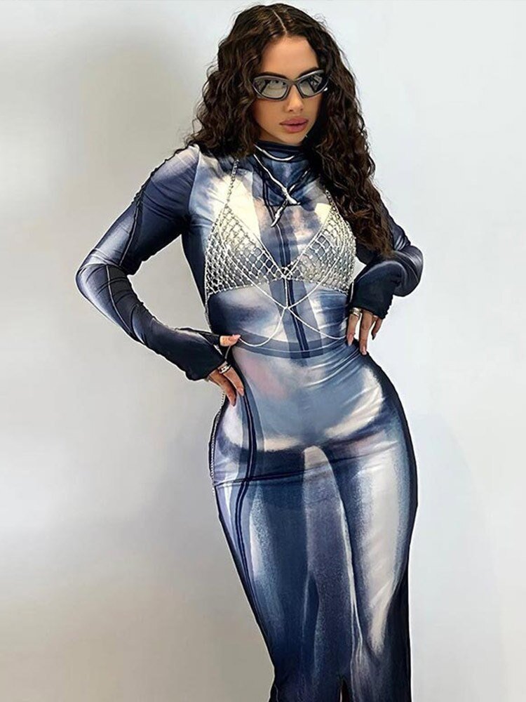 Women Sexy 3D Print Patchwork Maxi Dress Female O Neck Long Sleeve Skinny Slim Dresses Spring Vacation Party Club Vestido | 0 | TageUnlimited