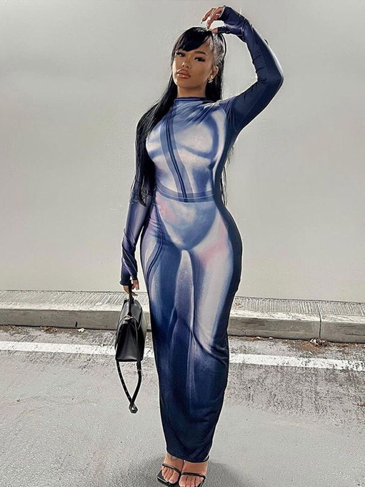 Women Sexy 3D Print Patchwork Maxi Dress Female O Neck Long Sleeve Skinny Slim Dresses Spring Vacation Party Club Vestido | 0 | TageUnlimited