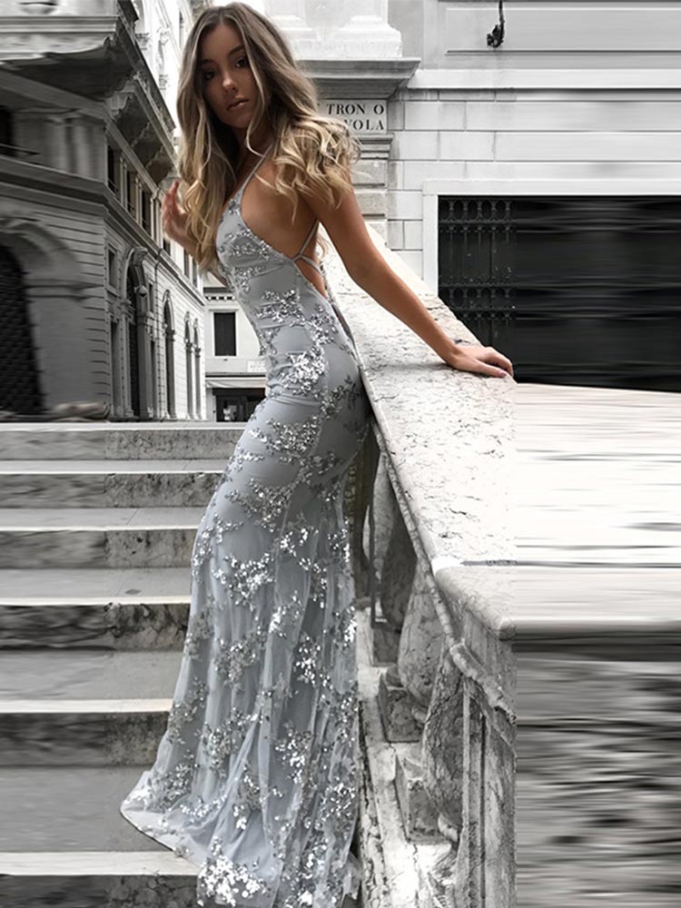 Women Sexy Backless Sequined Spaghetti Strap Dresses Lady V-Neck Sleeveless Prom Wedding Robe Lace Up Fashion Dress | 0 | TageUnlimited