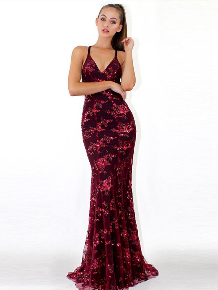 Women Sexy Backless Sequined Spaghetti Strap Dresses Lady V-Neck Sleeveless Prom Wedding Robe Lace Up Fashion Dress | 0 | TageUnlimited