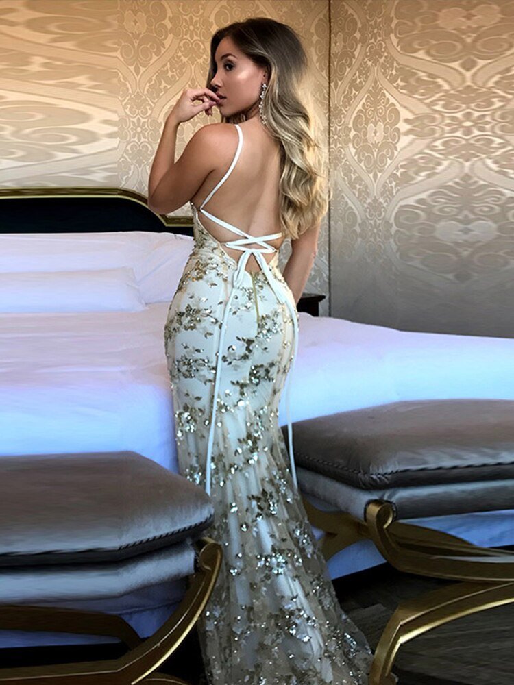 Women Sexy Backless Sequined Spaghetti Strap Dresses Lady V-Neck Sleeveless Prom Wedding Robe Lace Up Fashion Dress | 0 | TageUnlimited