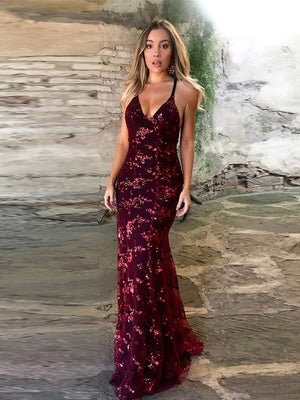 Women Sexy Backless Sequined Spaghetti Strap Dresses Lady V-Neck Sleeveless Prom Wedding Robe Lace Up Fashion Dress | 0 | TageUnlimited
