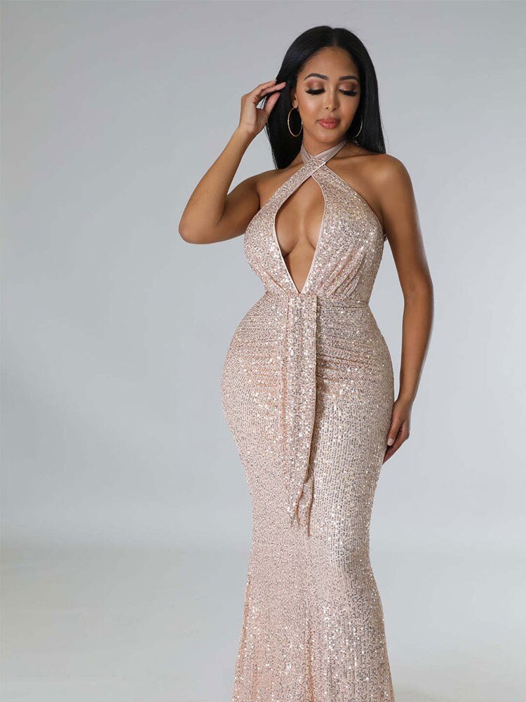 Women Sexy Backless Streamer Halter Sequins Dresses Female Solid Sleeveless Wrap Hip Dress  Formal Bodycon Fishtail Gown | 0 | TageUnlimited