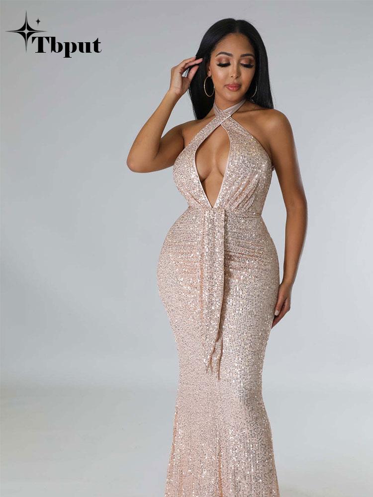 Women Sexy Backless Streamer Halter Sequins Dresses Female Solid Sleeveless Wrap Hip Dress  Formal Bodycon Fishtail Gown | 0 | TageUnlimited