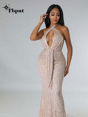 Women Sexy Backless Streamer Halter Sequins Dresses Female Solid Sleeveless Wrap Hip Dress  Formal Bodycon Fishtail Gown | 0 | TageUnlimited