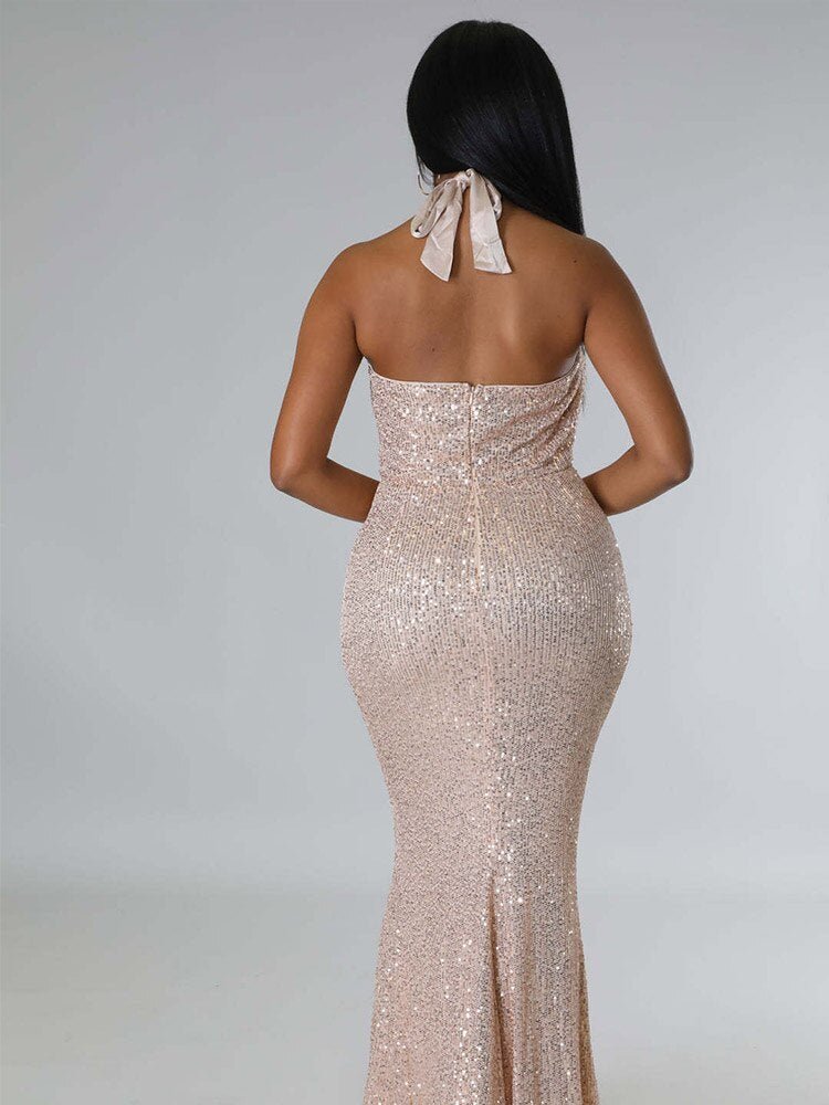 Women Sexy Backless Streamer Halter Sequins Dresses Female Solid Sleeveless Wrap Hip Dress  Formal Bodycon Fishtail Gown | 0 | TageUnlimited