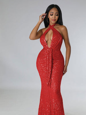 Women Sexy Backless Streamer Halter Sequins Dresses Female Solid Sleeveless Wrap Hip Dress  Formal Bodycon Fishtail Gown | 0 | TageUnlimited