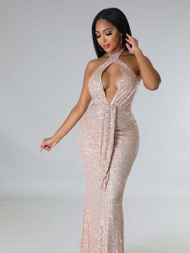 Women Sexy Backless Streamer Halter Sequins Dresses Female Solid Sleeveless Wrap Hip Dress  Formal Bodycon Fishtail Gown | 0 | TageUnlimited