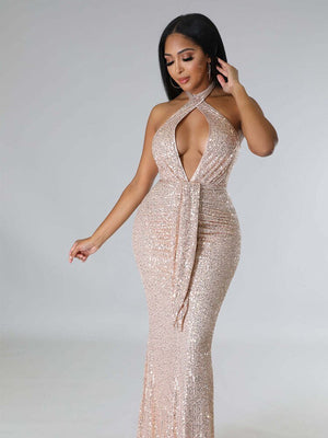 Women Sexy Backless Streamer Halter Sequins Dresses Female Solid Sleeveless Wrap Hip Dress  Formal Bodycon Fishtail Gown | 0 | TageUnlimited