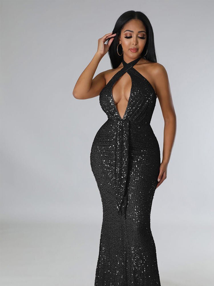 Women Sexy Backless Streamer Halter Sequins Dresses Female Solid Sleeveless Wrap Hip Dress  Formal Bodycon Fishtail Gown | 0 | TageUnlimited
