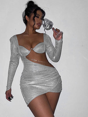 Women Sexy Hollow Out Diamond Chain Mini Dress Female Full Sleeve V-neck Ruched Dresses New Fashion Solid Vestido | 0 | TageUnlimited