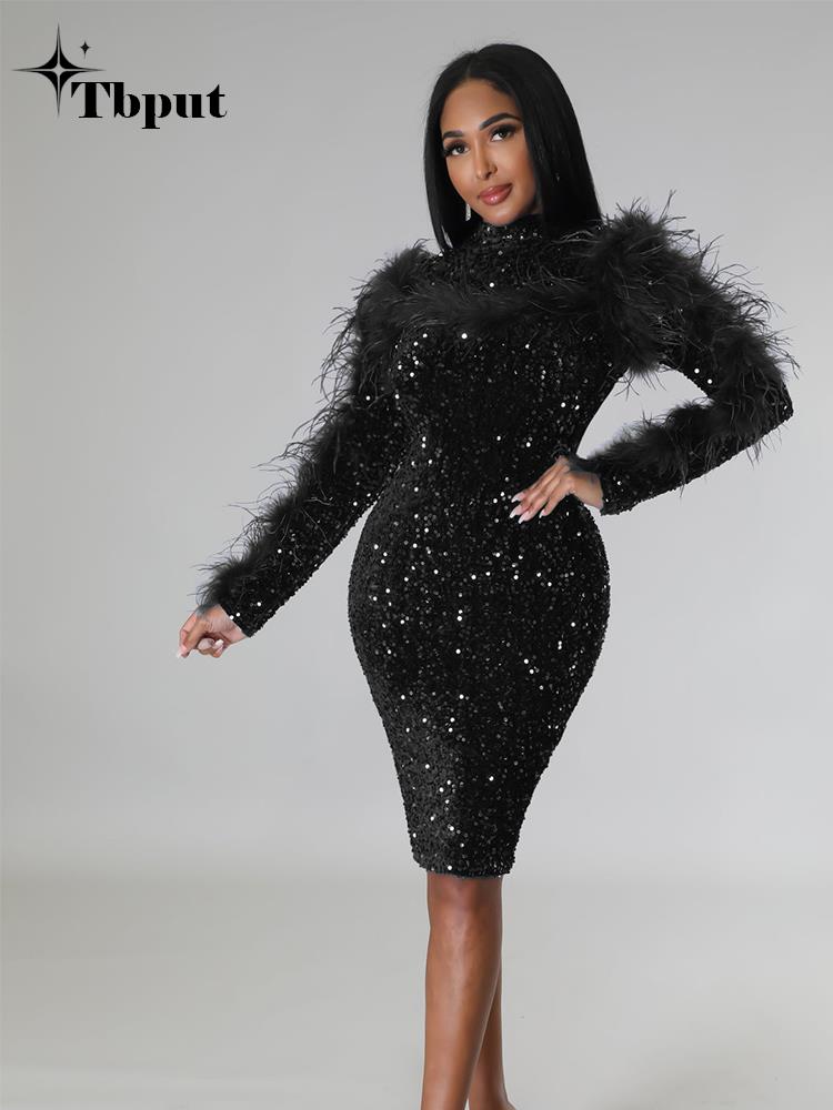 Women Sexy Hollow Out Feathers Sequins Dresses Female Full Sleeve Wrap Hip Scalding Bead Short Dress  Formal Slim Skirt | 0 | TageUnlimited