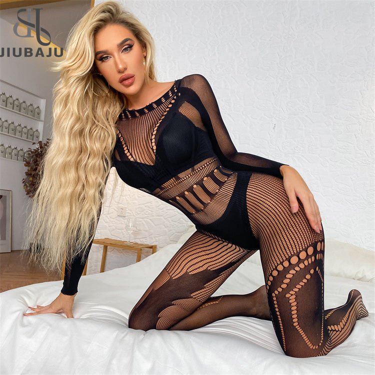 Women Sexy Mesh Lingerie Fishnet Bodysuit Club Siamese Stockings Hollow-out Tight Sheer Long Sleeve Fishnet Clothes Jumpsuit | Tage-Active