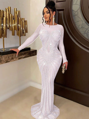 Women Sexy Mesh See Through Rhinestone Maxi Dress Female Full Sleeve Night Clubwear  New Fashion Floor-length Dresses | 0 | TageUnlimited